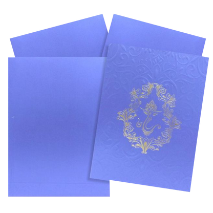 Blue metalic embossed floral invite features a unique Ganesha design surrounded with a floral work, adding a touch of sophistication.