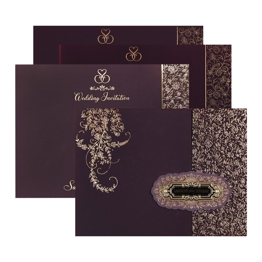 Check out Purple Gold Floral Padded Wedding Card at best price. ✅WhatsApp Support ✅Express Delivery.|King of cards.