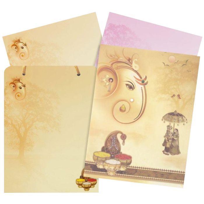 SellingBrown colour with Ganesha theme and two inserts in bag type invitation card online. Buying invitation cards made easy with King of Cards! &amp;