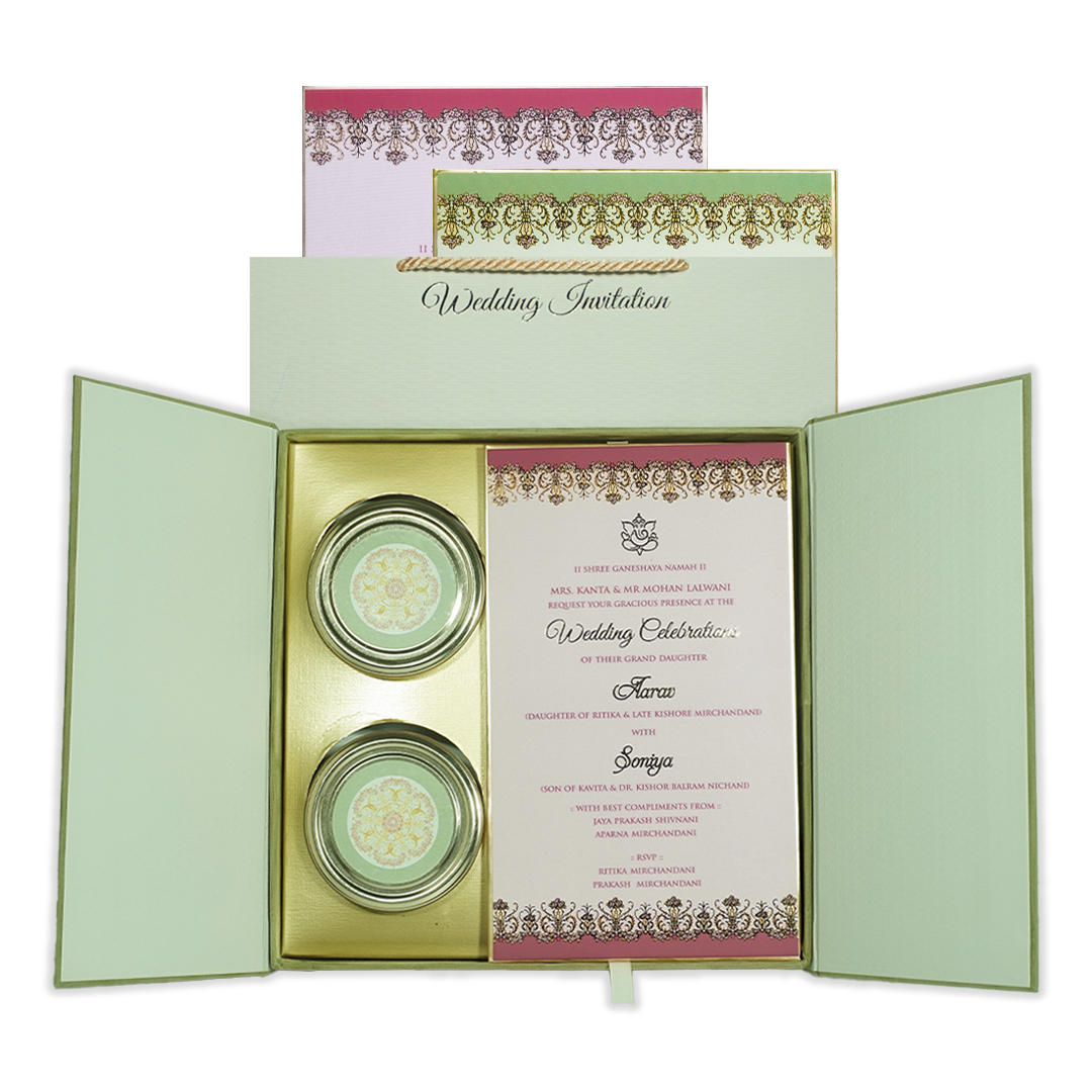 Check out Green Emblem Wedding Invitation Box at best price. ✅WhatsApp Support ✅Express Delivery. | King of Cards.