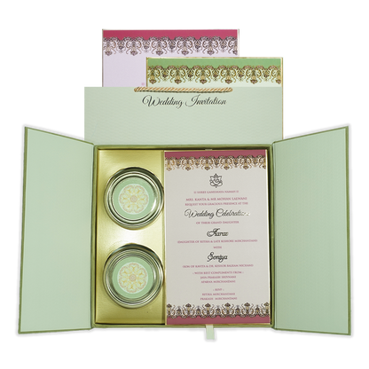 Check out Green Emblem Wedding Invitation Box at best price. ✅WhatsApp Support ✅Express Delivery. | King of Cards.