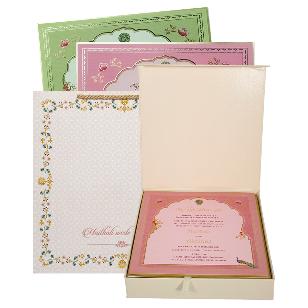Check out Pink Peacock Theme Wedding Invitation Box at best price. ✅WhatsApp Support ✅Express Delivery. | King of Cards.