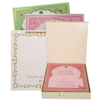 Check out Pink Peacock Theme Wedding Invitation Box at best price. ✅WhatsApp Support ✅Express Delivery. | King of Cards.