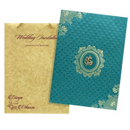 Gracious Gold And Blue Shading With Ganesha Theme Padded Wedding Card-KCCT20GP