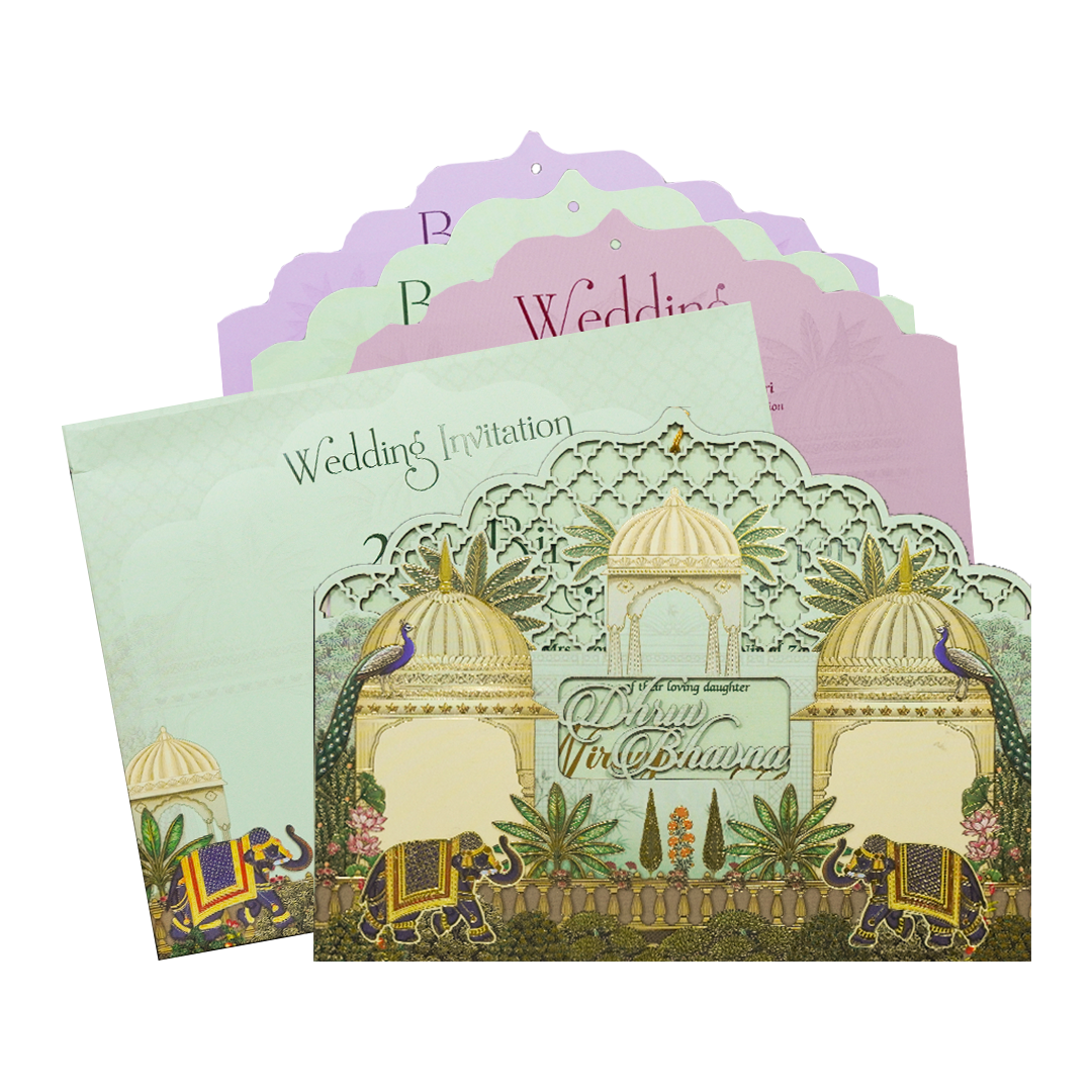 Green Palace Elephant Laser-Cut Wedding Card-KSH72920