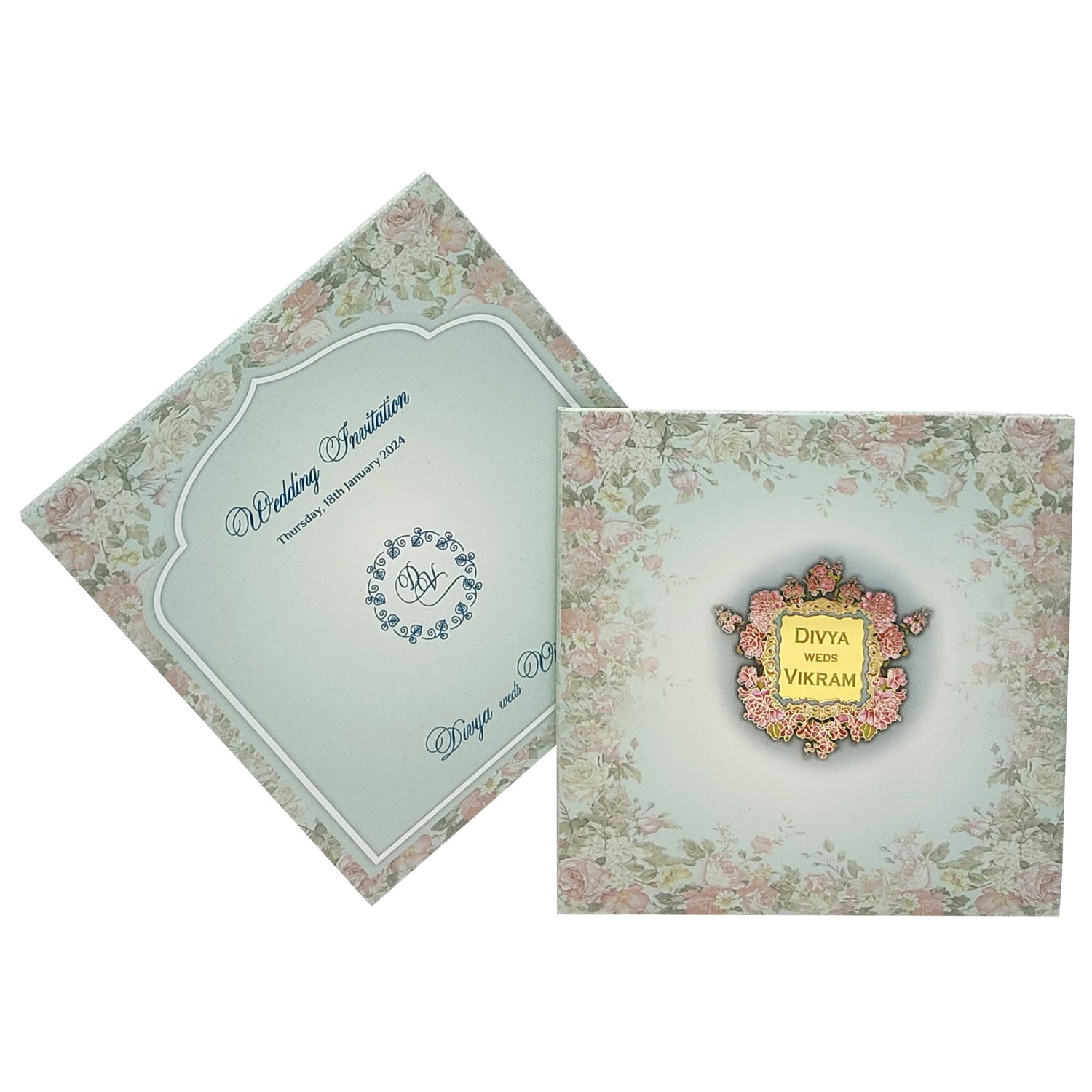 Blue Padded Floral Wedding Card In Offset-KNPO5515B