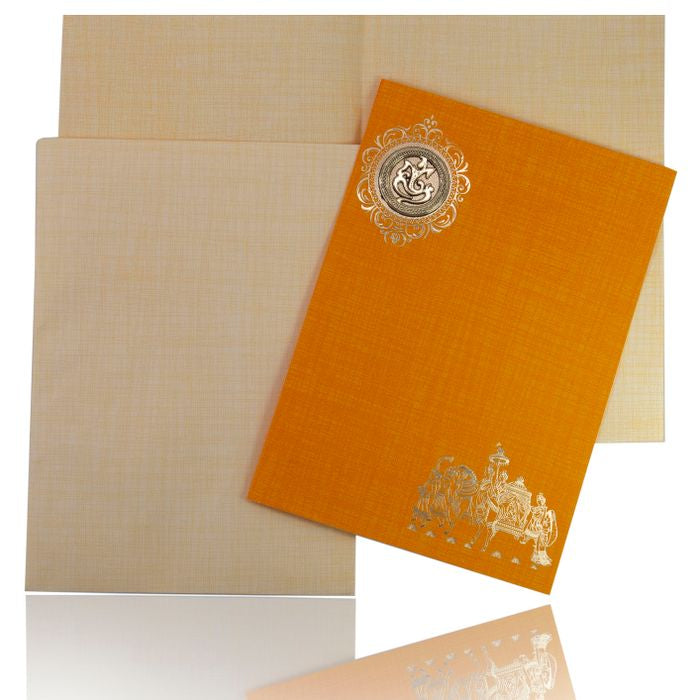 Orange Classic Paper With Gold Foiling Baraat Print And Ganesh Sticker-KNCP825O-King of Cards