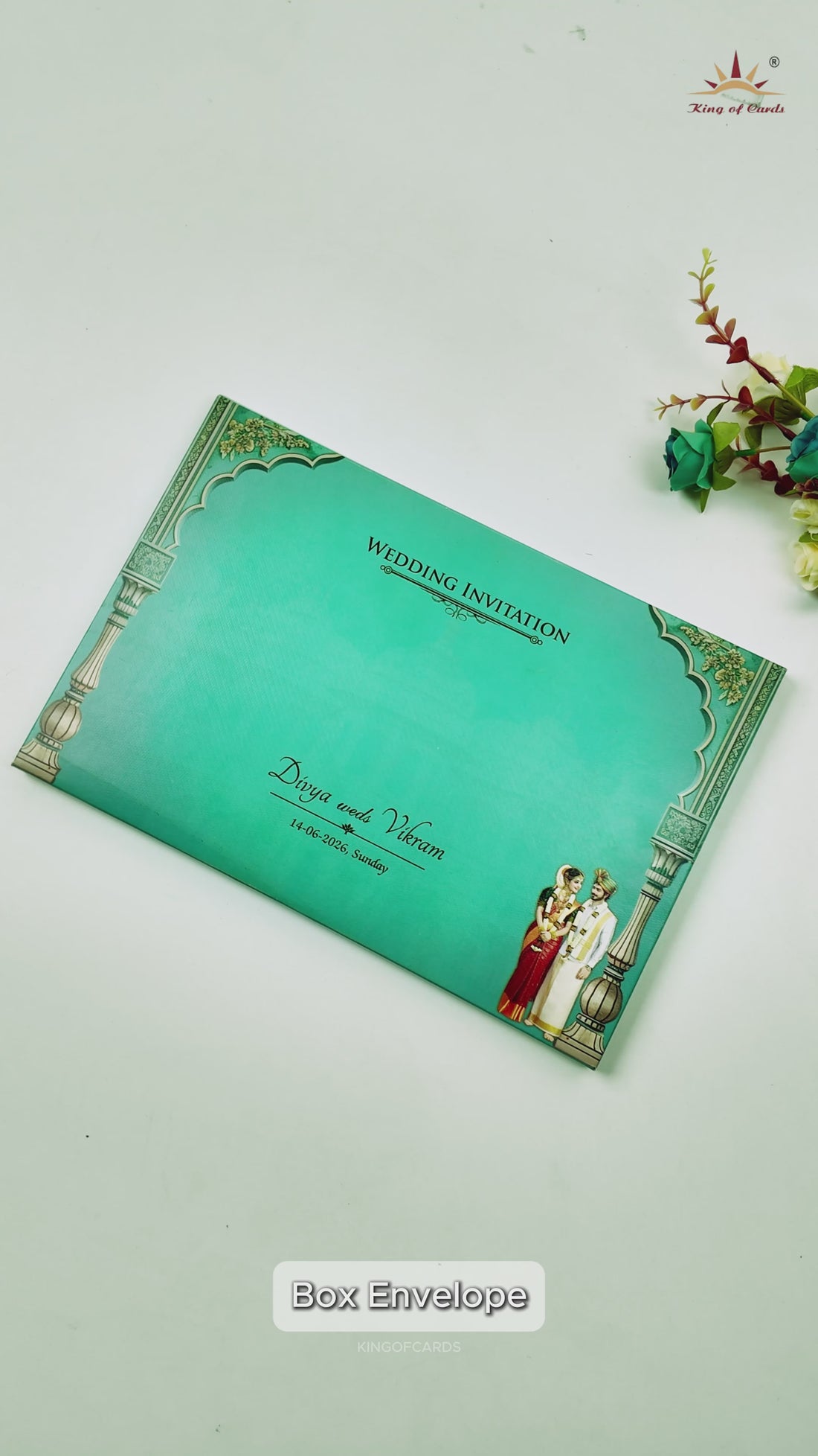Green Padded Bride Groom Palace Wedding Card-KNAK4701