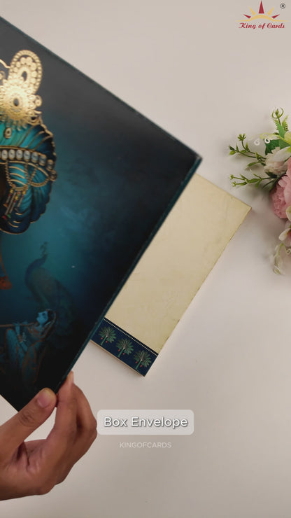 Blue Lord Krishna Padded Wedding Card - KAA06370