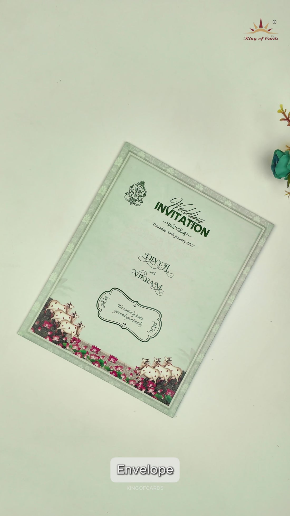 Green Floral Lord Balaji Padmavathi Wedding Card-KNKJ1158