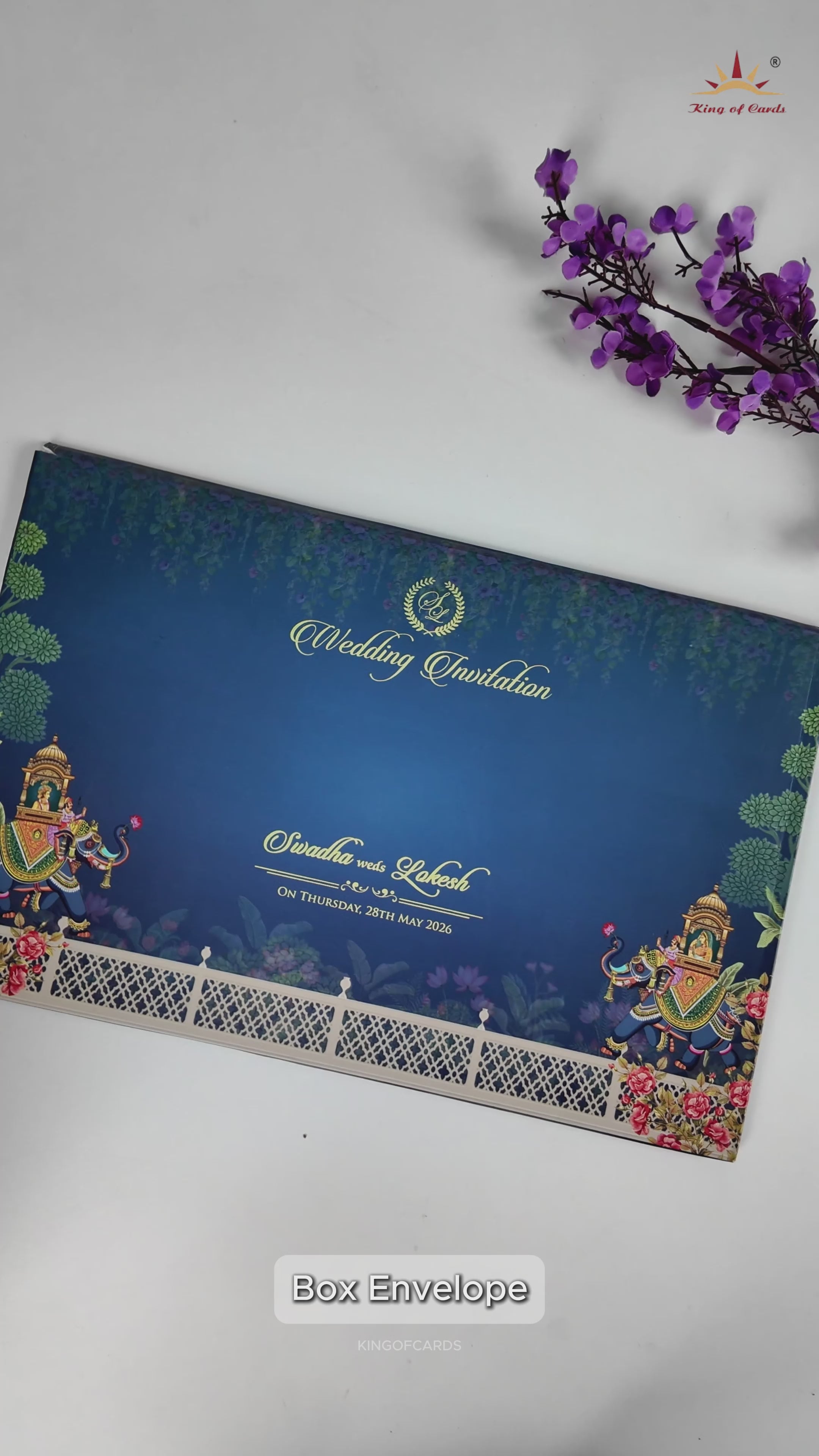 Royal Blue Gold Palace Padded Wedding Card-KRE27850