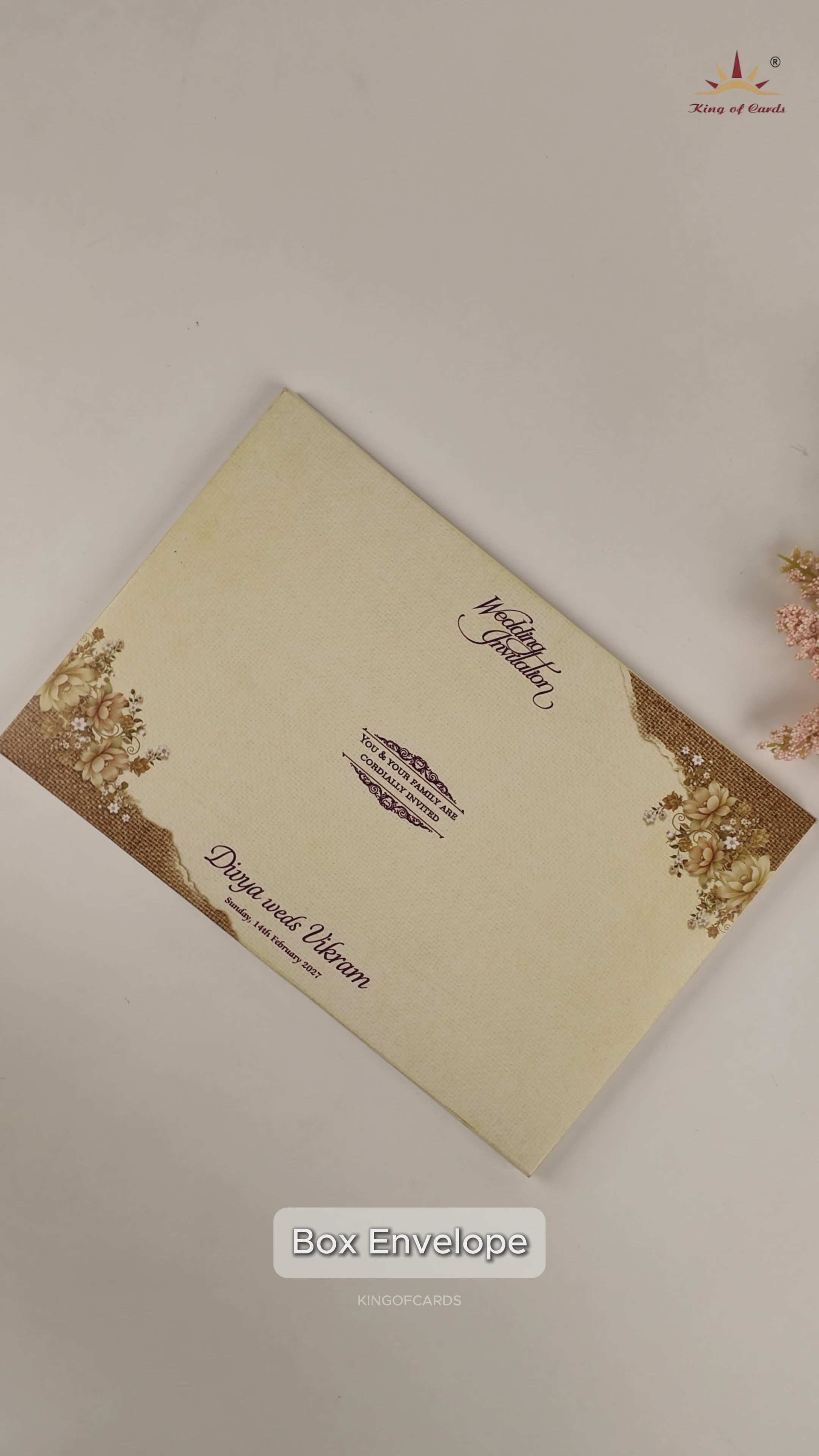 Beige Floral Padded Wedding Invitation Card - KNAK4704