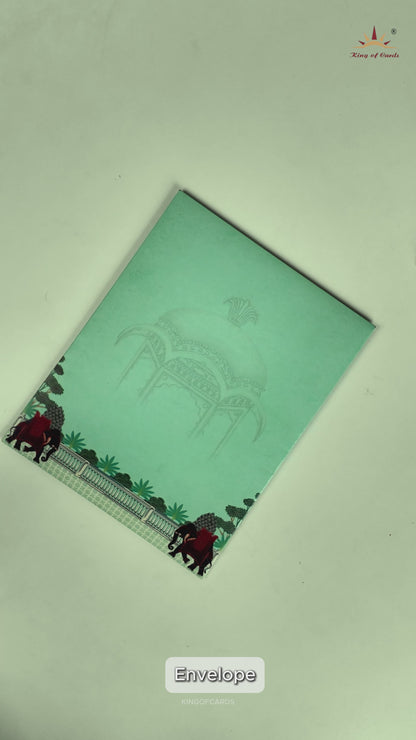 Pastel Green Royal Elephant Floral Wedding Card - KNKJ1159
