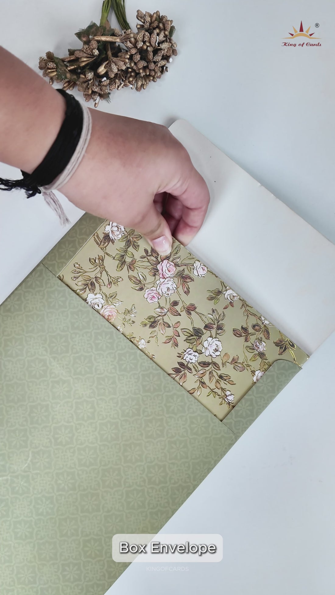 Green Floral Gold Frame Padded Wedding Card-KRE27260