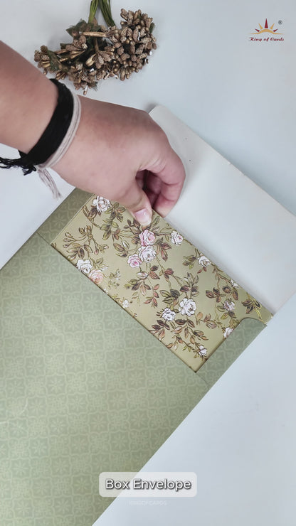 Green Floral Gold Frame Padded Wedding Card-KRE27260