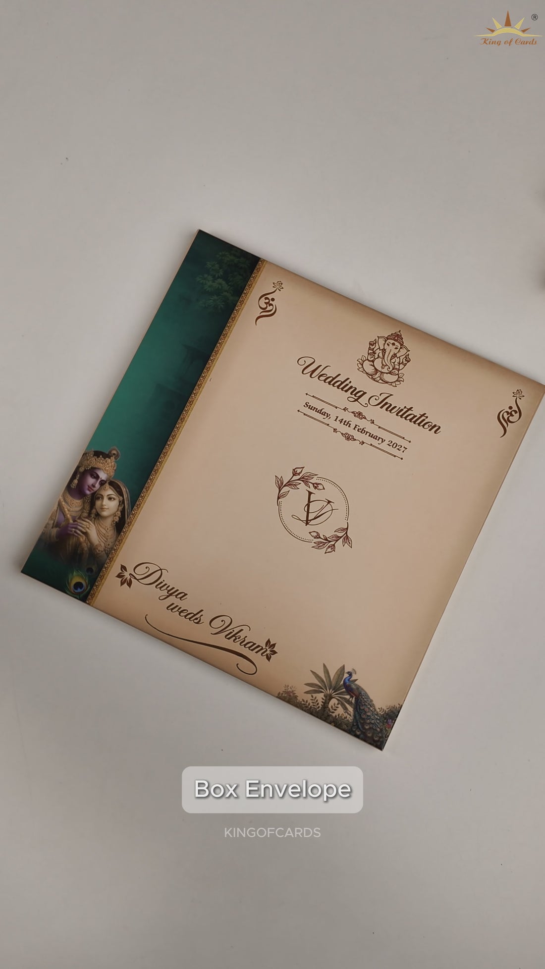 Teal Green Radha Krishna Door Style Wedding Card - KNSR8814