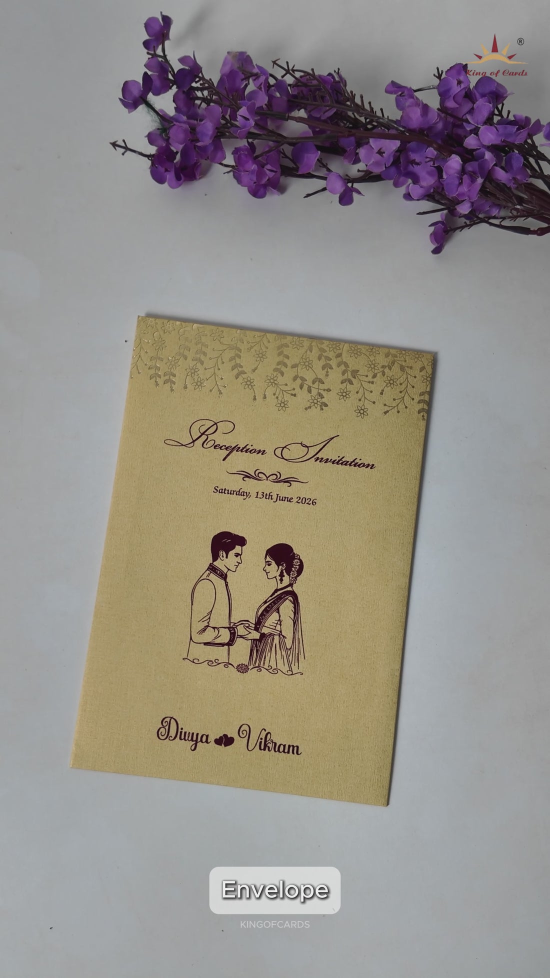 Gold and Pink Single Sheet Floral Wedding Card-KNS035GR