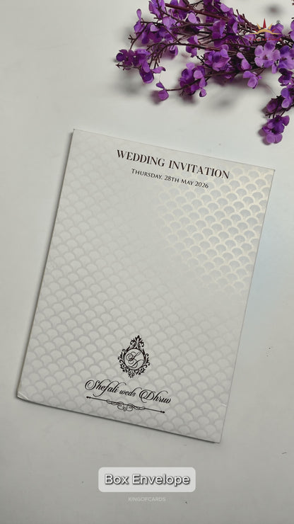 White Ganesha Embossed Padded Wedding Card-KRE28160