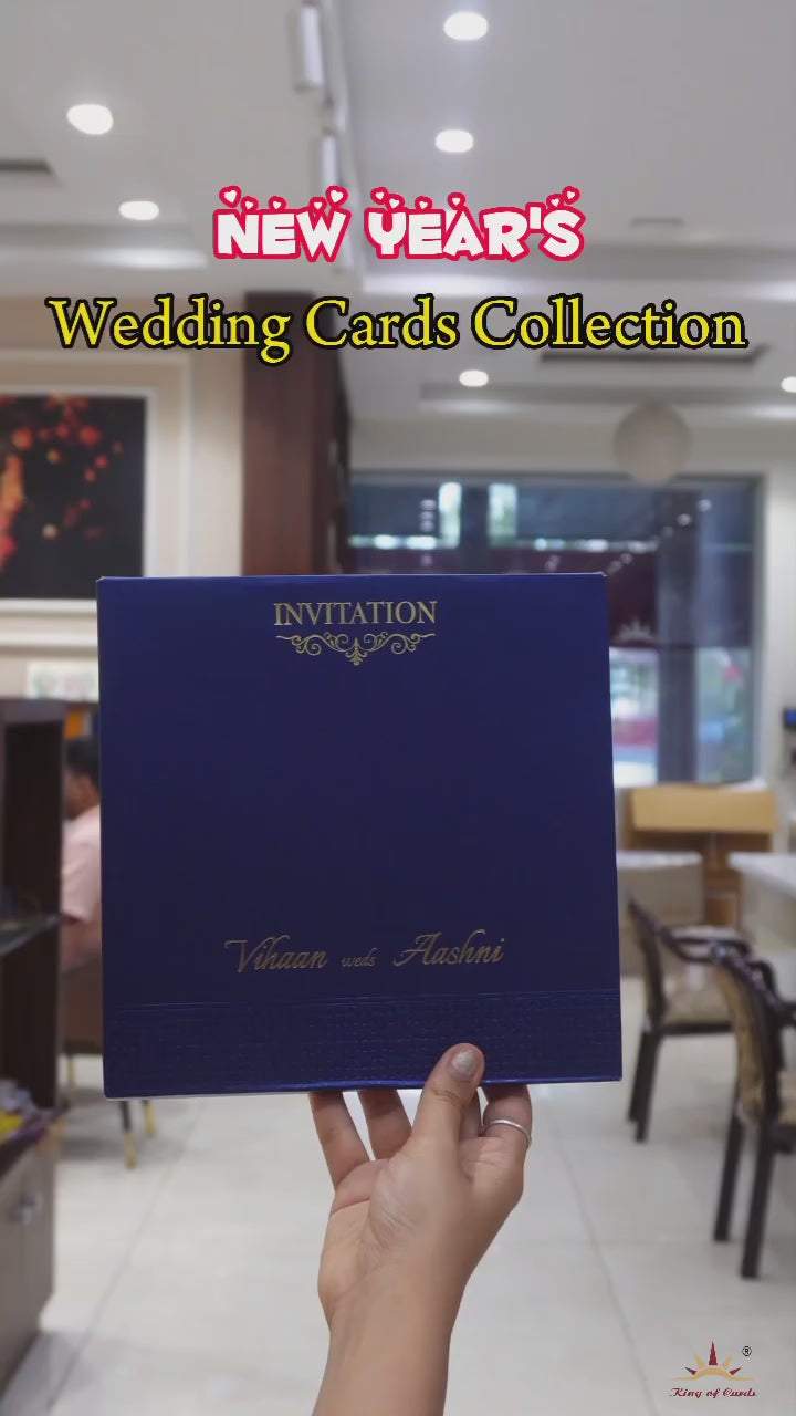 Royal Blue Embossed Padded Wedding Card-KRC30461