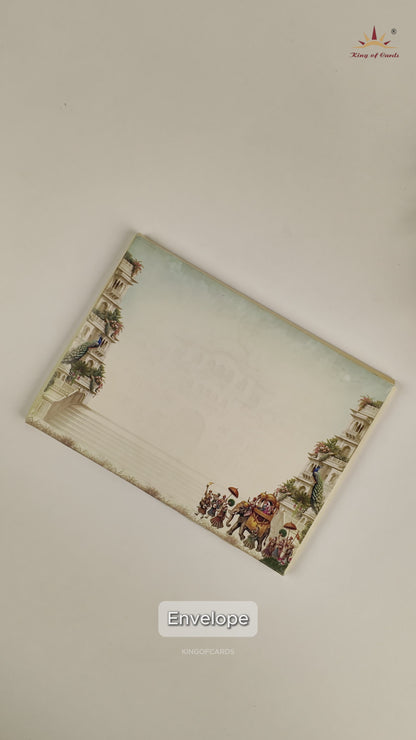 Cream Elephant Baraat Wedding Card - KAA05500