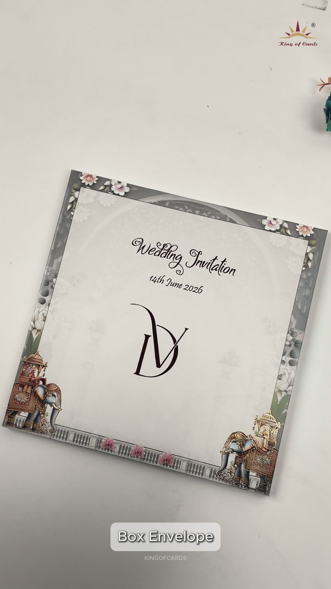 Grey Padded Royal Elephant Wedding Card-KNPO5571C