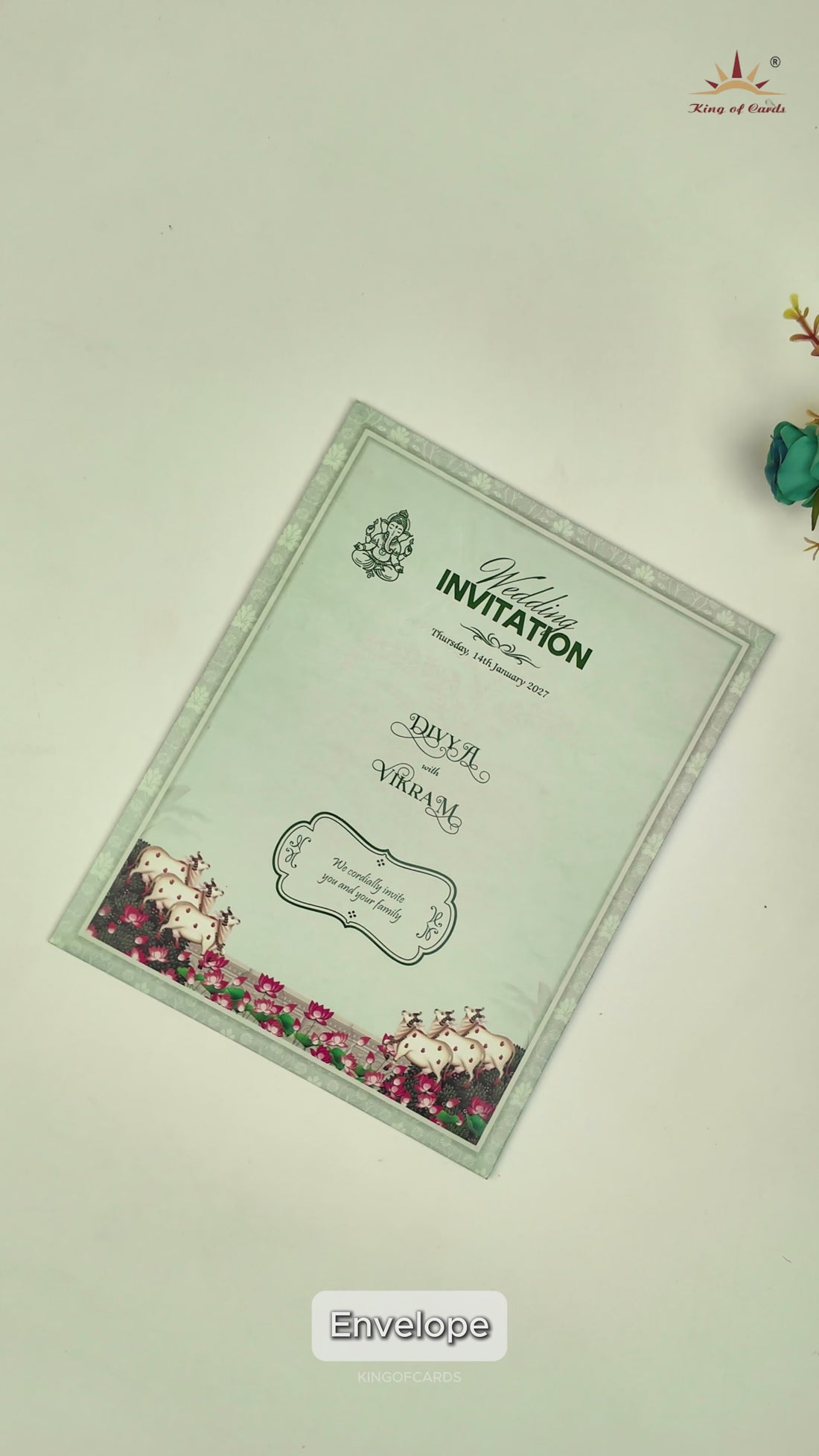 Green Floral Lord Balaji Padmavathi Wedding Card-KNKJ1158