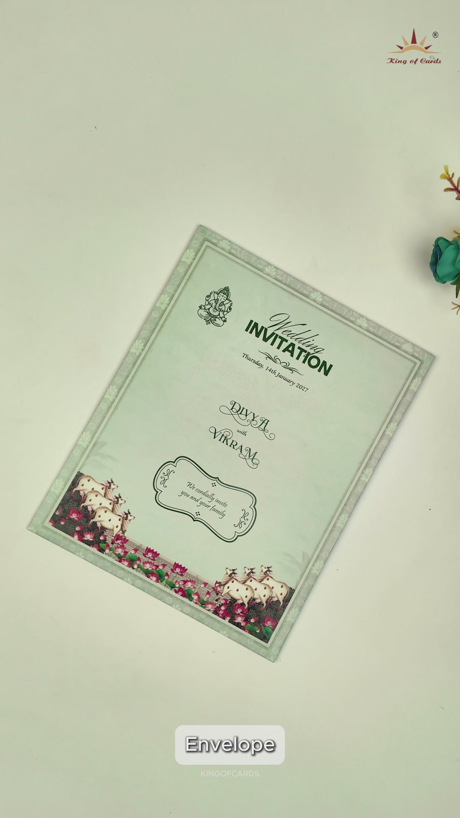 Green Floral Lord Balaji Padmavathi Wedding Card-KNKJ1158