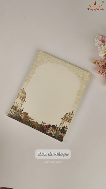 Cream Peacock Jharokha Padded Wedding Card - KAA05600