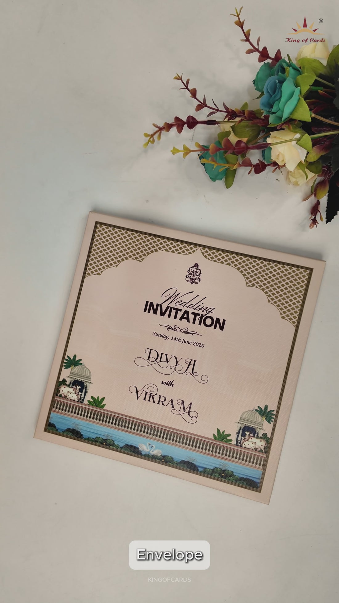 Navy Blue Kamadhenu Palm Wedding Card-KNKD8113