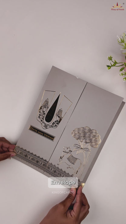 Grey Vaishnava Tilak Door Style Wedding Card - KNRR8708G