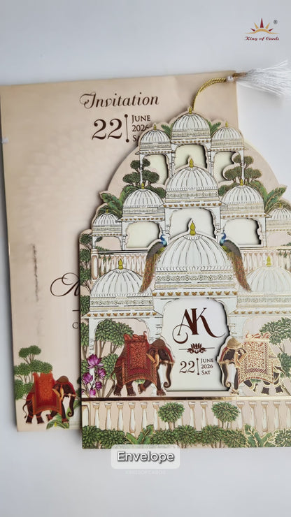 Cream Gold Dome Theme Elephant Wedding Card - KFR16120