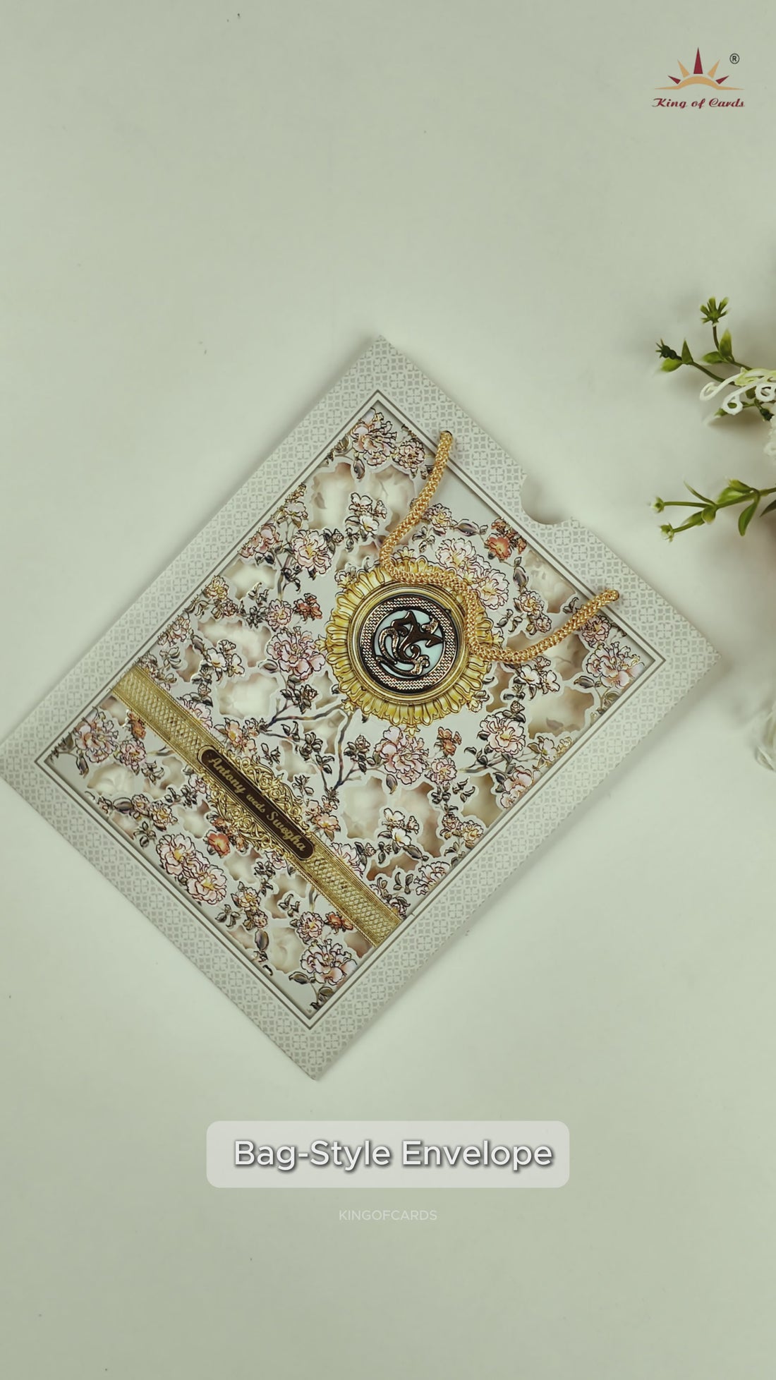 Light Grey Floral Laser Cut Bag Style Wedding Card - KNKQ8302