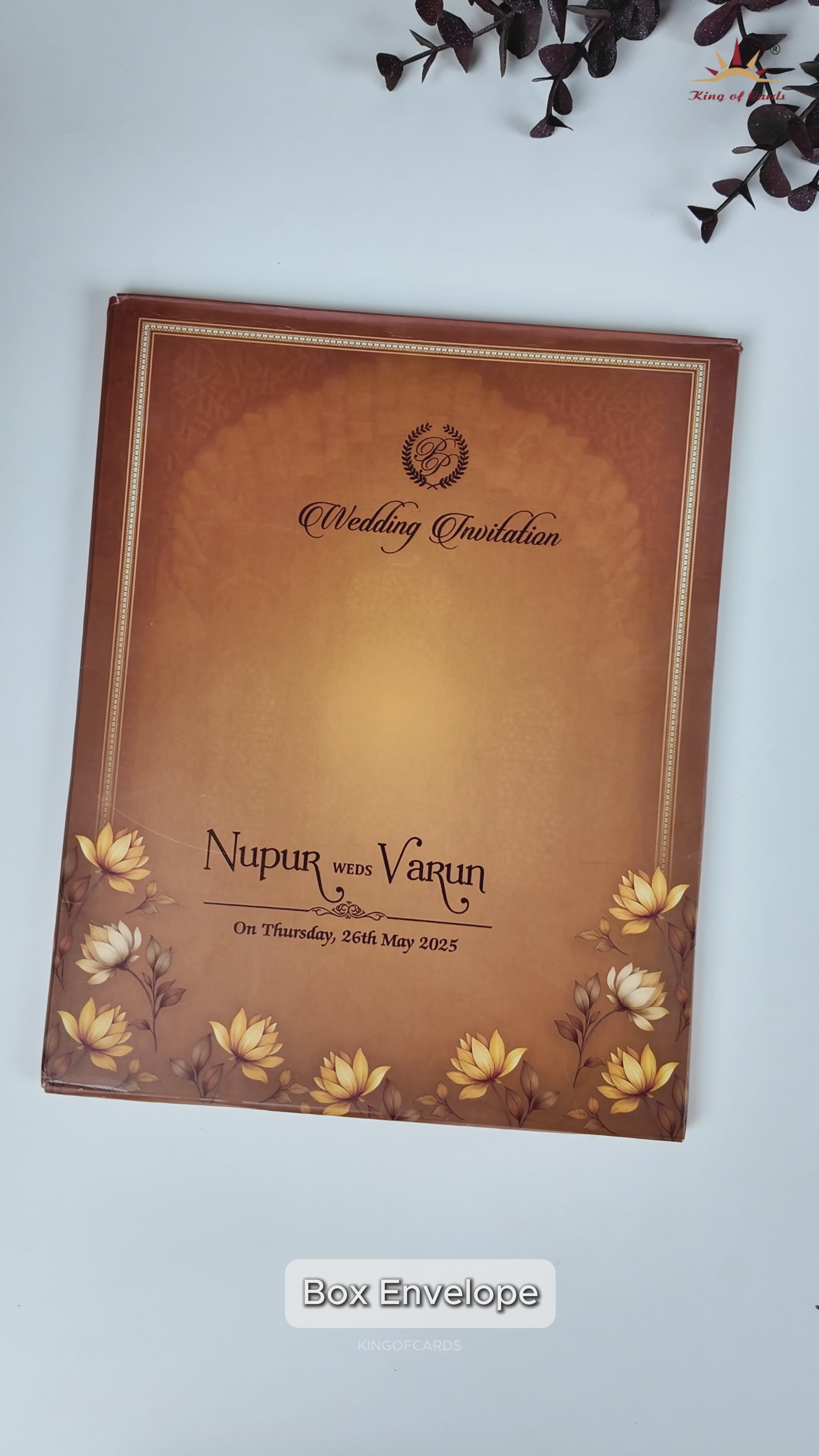 Brown Floral Frame Padded Wedding card-KRE28010