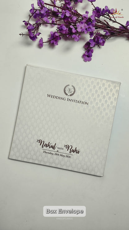 White Pastel Floral Border Padded Wedding card-KRE28300