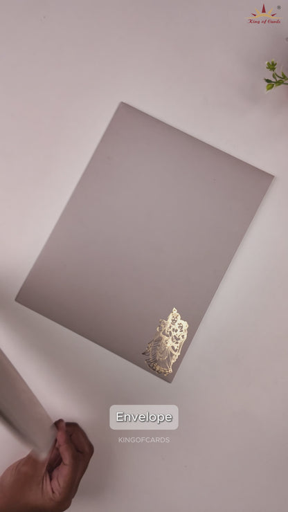 Light Grey Lord Radha Krishna Door Style Wedding Card - KNRR8709LG
