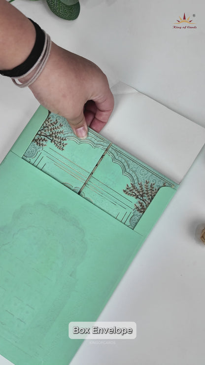 Mint Green Royal Palace Padded Wedding Card-KRE27220