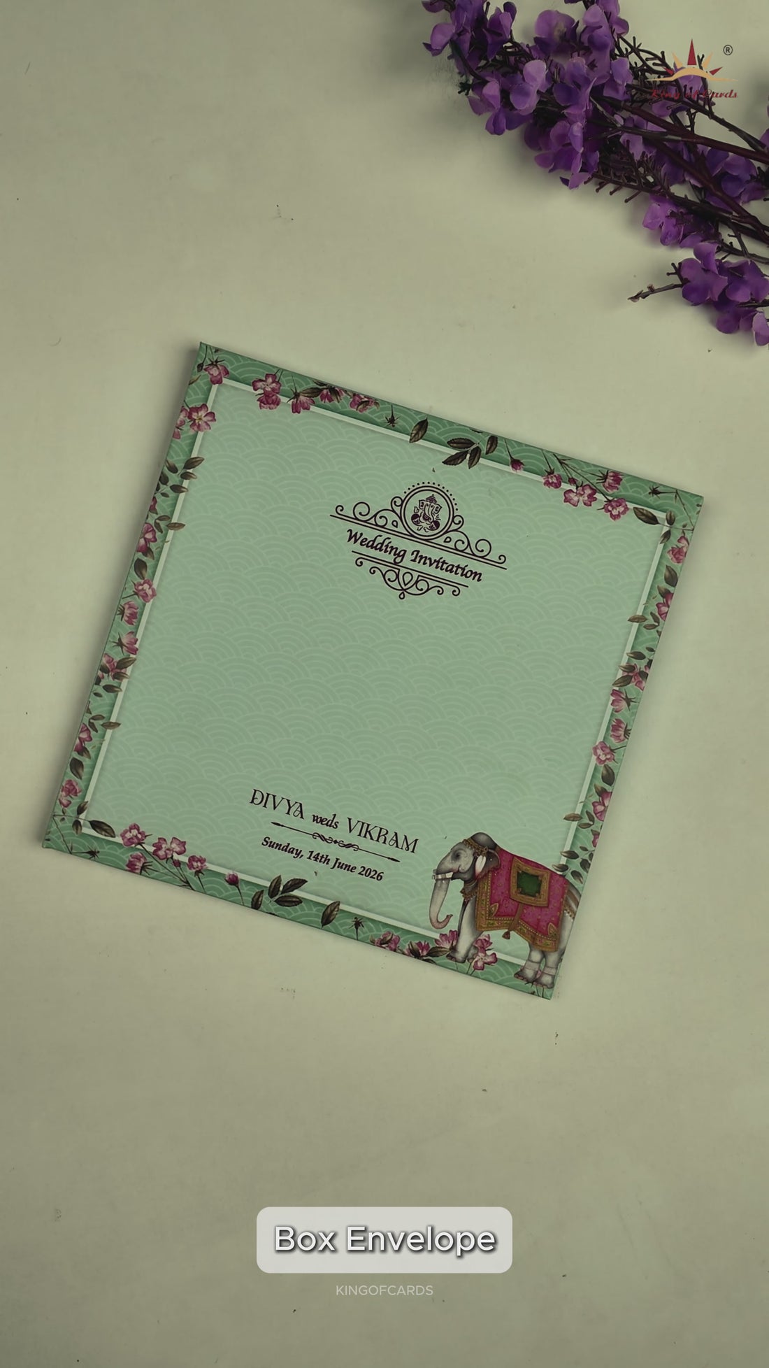 Green Laser-Cut Floral Peacock, Elephant Wedding Card - KNPL5806