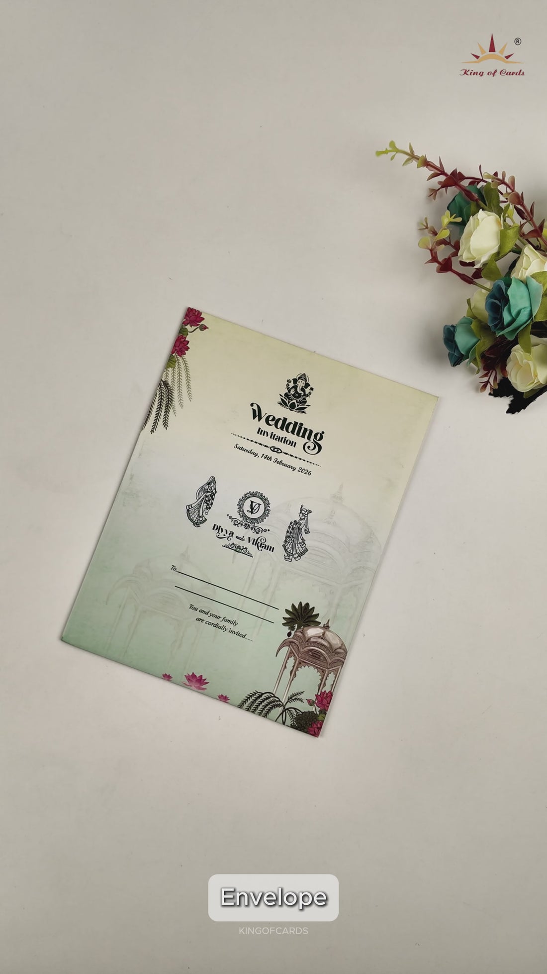 Pastel Green Lotus Wedding Card - KNTY6808