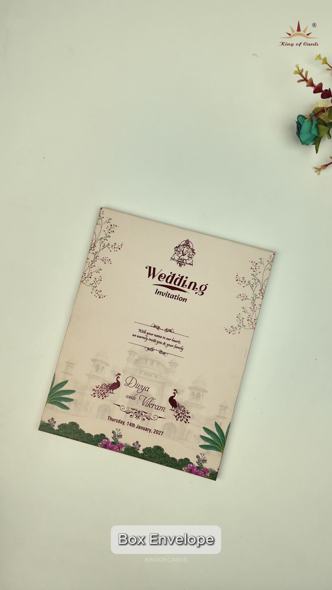 Pink Padded Peacock Palace Wedding Card-KNKN6320