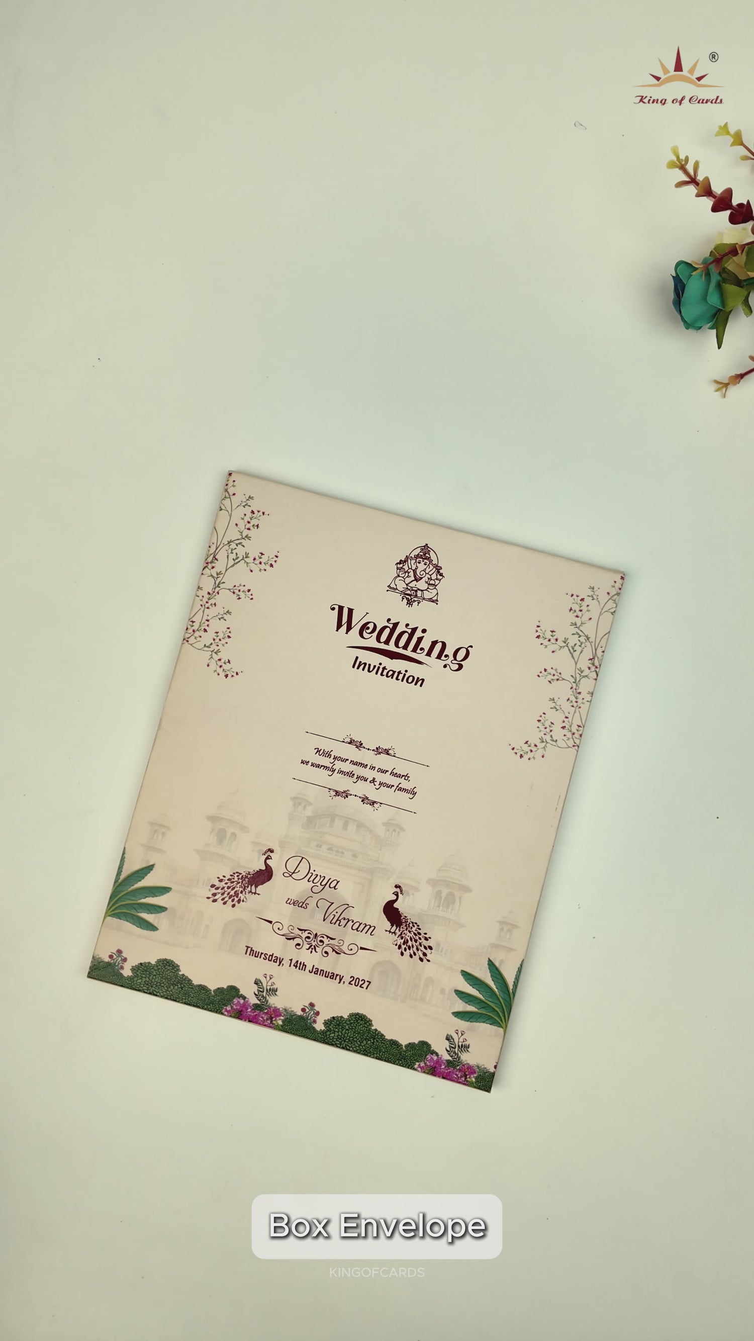 Pink Padded Peacock Palace Wedding Card-KNKN6320