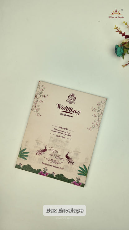 Pink Padded Peacock Palace Wedding Card-KNKN6320
