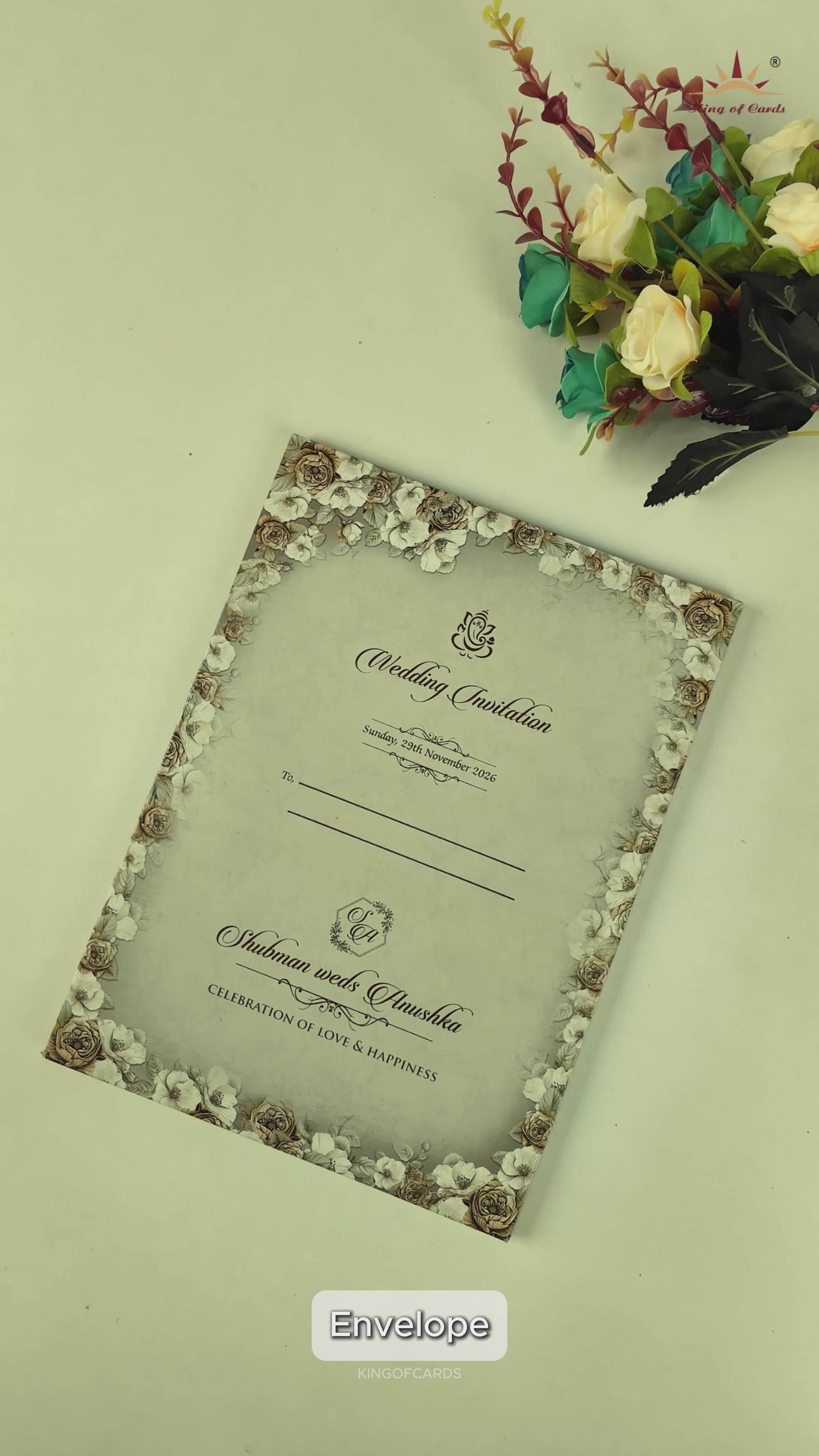 Green Floral Rose Padded Wedding Card-KRB09230