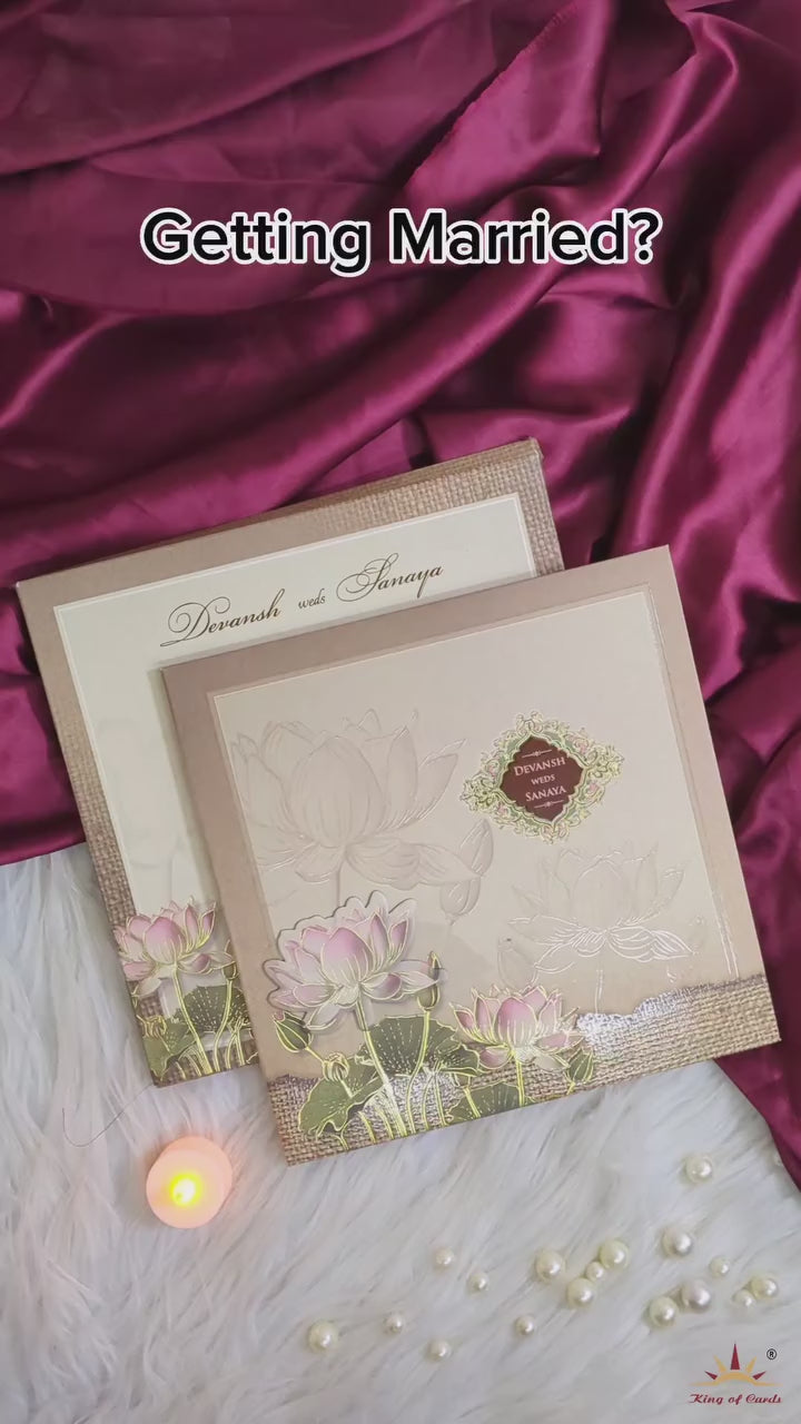 Light Brown Lotus Padded Wedding Card-KRC30220