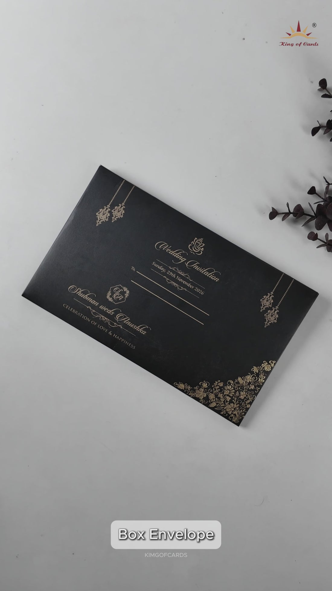 Black Gold Floral Padded Wedding Card-KRB09331