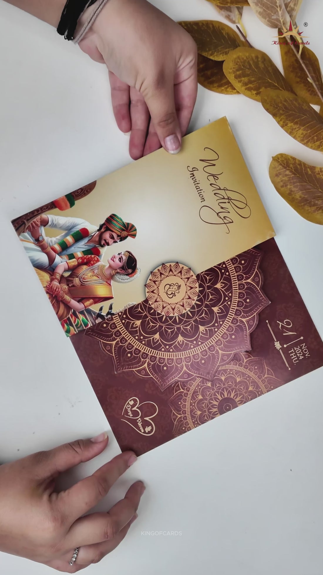 Maroon South Indian Threefold Wedding Card-KNTH9607M