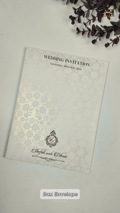 White Embossed Floral Arch Padded Wedding Card-KRE28250