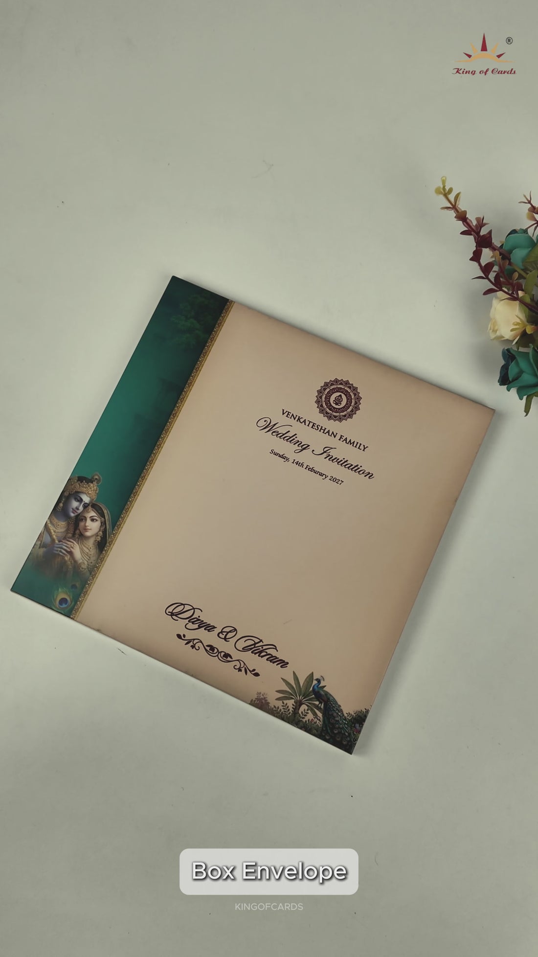 Green Padded Radha Krishna Wedding Card - KNAM4904