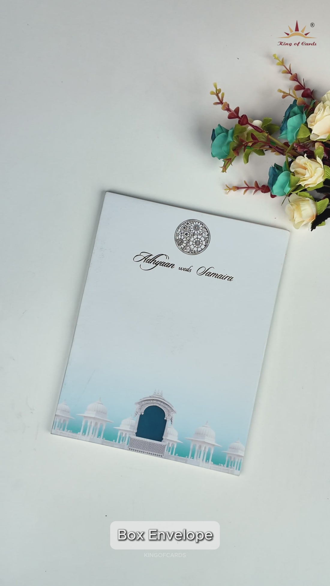 Blue Padded Floral Palace Wedding Card-KRC31030