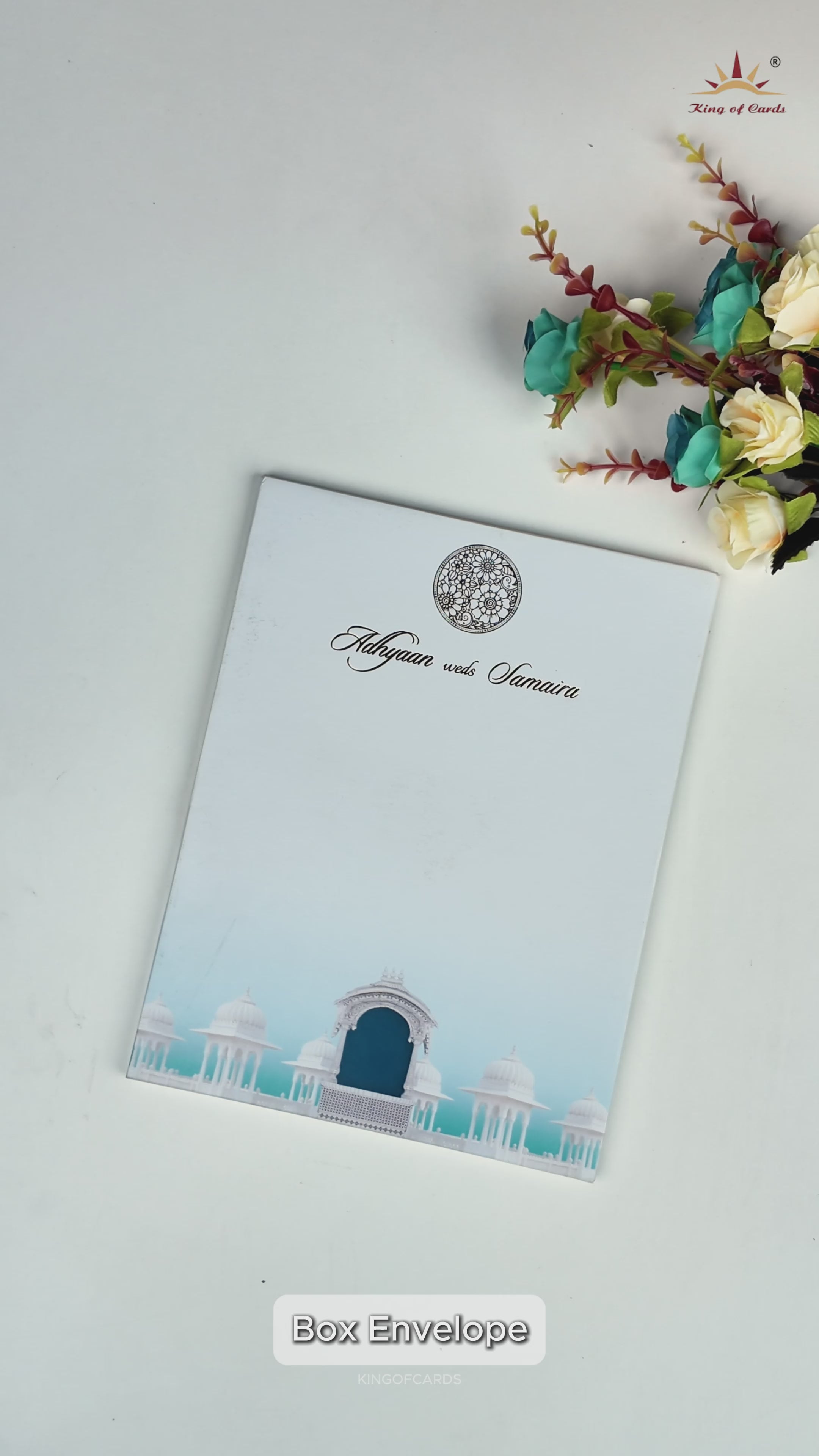 Blue Padded Floral Palace Wedding Card-KRC31030