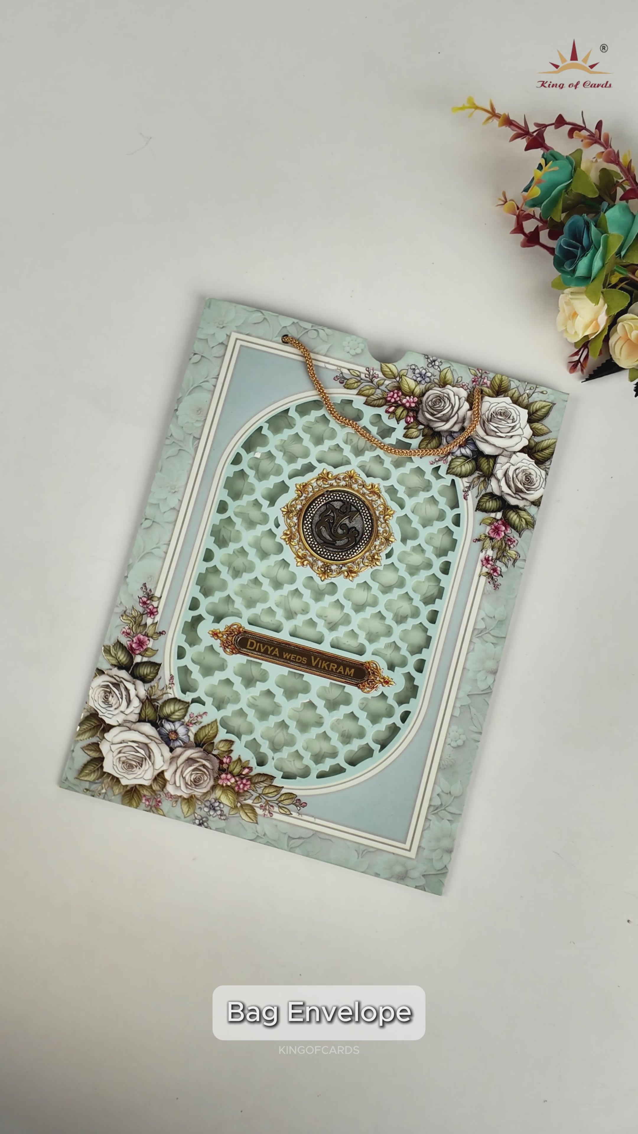 Pastel Blue Laser-Cut Floral Bag Style Wedding Card - KNAS3105
